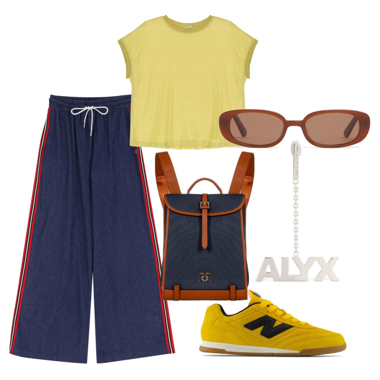 Outfit donna - Al campo 2. Stile Sporty chic per Tutti i giorni. Abbinamento con zaini, pantaloni a palazzo, sneakers, t-shirt, orecchini, occhiali da sole.