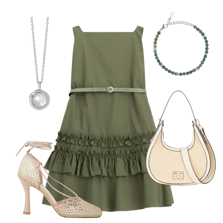 Outfit donna - A cena d"estate. Stile Casual chic per Serata fuori. Abbinamento con braccialetti, collane, borse a mano, vestiti corti, décolleté.