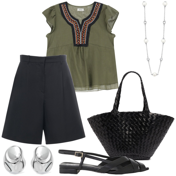 Outfit donna - Bermuda estivi. Stile Casual chic per Tutti i giorni. Abbinamento con collane, top, sandali, shorts, shopping bag, orecchini.