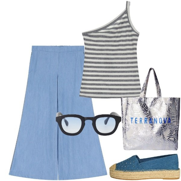 Outfit donna - arriva il we. Stile Basic per Mare. Abbinamento con borse tote, espadrillas, pantaloni a palazzo, occhiali da sole, top.
