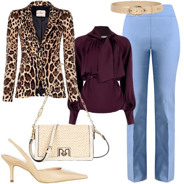 Outfit donna - Rinascimento suggestioni autunnali. Stile Trendy per Ufficio. Abbinamento con bluse, blazer, pantaloni, cinture, décolleté, borse a tracolla.