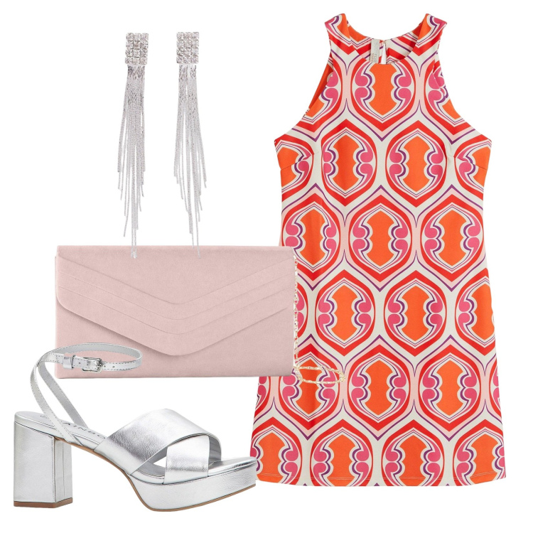 Outfit donna - Mini abito vintage. Stile Vintage retrò per Serata fuori. Abbinamento con vestiti, orecchini, pochette, sandali col tacco.