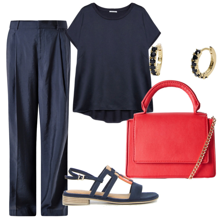 Outfit donna - Un tocco di rosso. Stile Minimal per Ufficio. Abbinamento con borse a tracolla, orecchini, pantaloni a palazzo, sandali, bluse.
