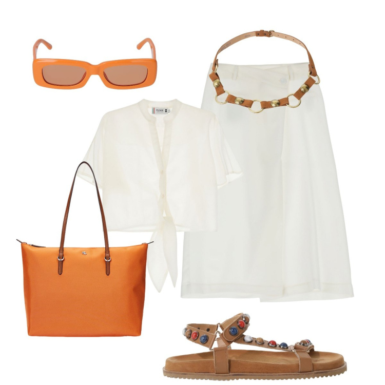 Outfit donna - Fresco lino. Stile Glamour per Tutti i giorni. Abbinamento con camicie a manica corta, pantaloni, sandali, cinture, borse tote, occhiali da sole.