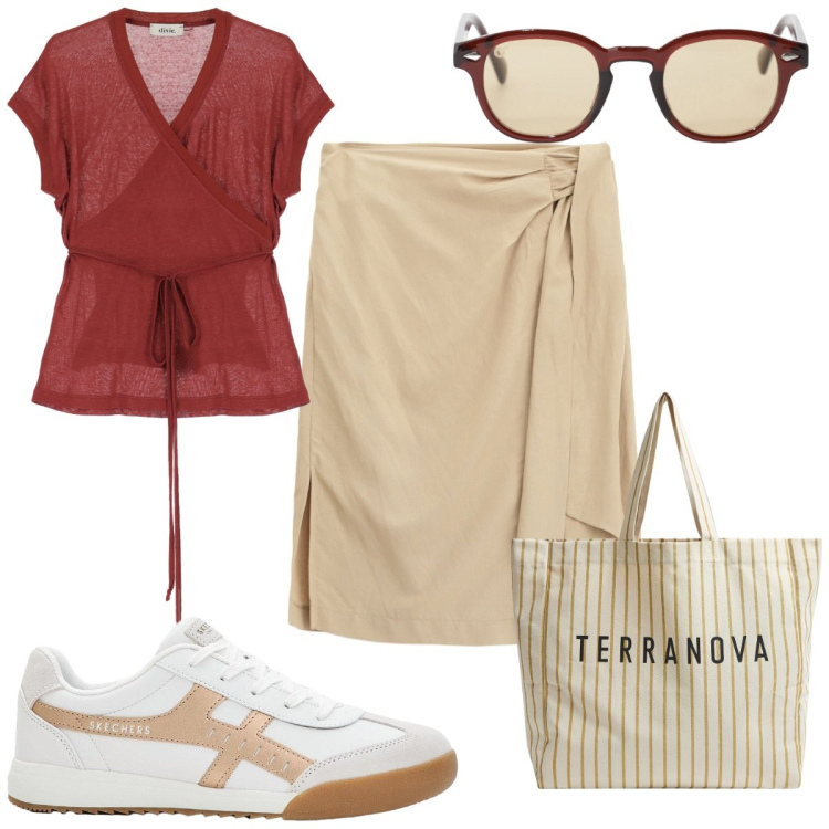 Outfit donna - Total look #2206057. Stile Trendy per Tutti i giorni. Abbinamento con sneakers, borse tote, occhiali da sole, gonne longuette, top.