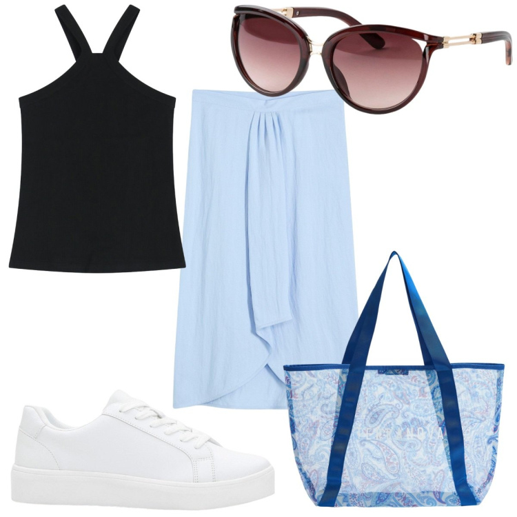 Outfit donna - Total look #2206059. Stile Trendy per Tutti i giorni. Abbinamento con occhiali da sole, sneakers, gonne longuette, shopping bag, top.