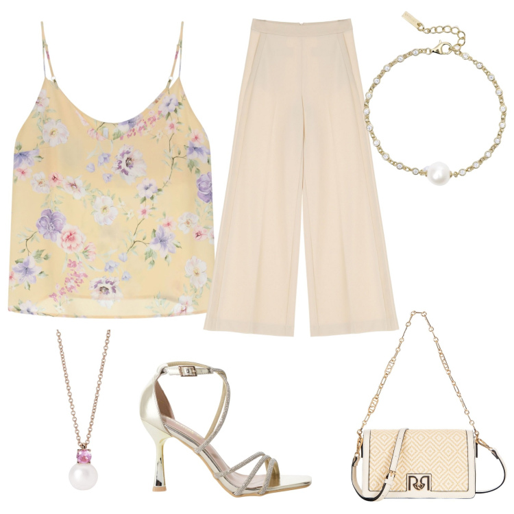 Outfit donna - Bon ton. Stile Casual chic per Ufficio. Abbinamento con borse a tracolla, braccialetti, collane, pantaloni a palazzo, sandali col tacco, canottiere.