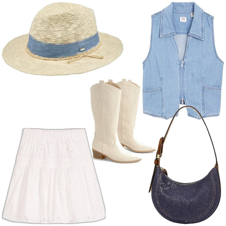 Outfit femme - Sable bleu country. Style Tendance pour Tous les jours. Assortir avec minijupes, chapeaux, débardeurs à bretelles, sacs en bandoulière, bottines texanes.