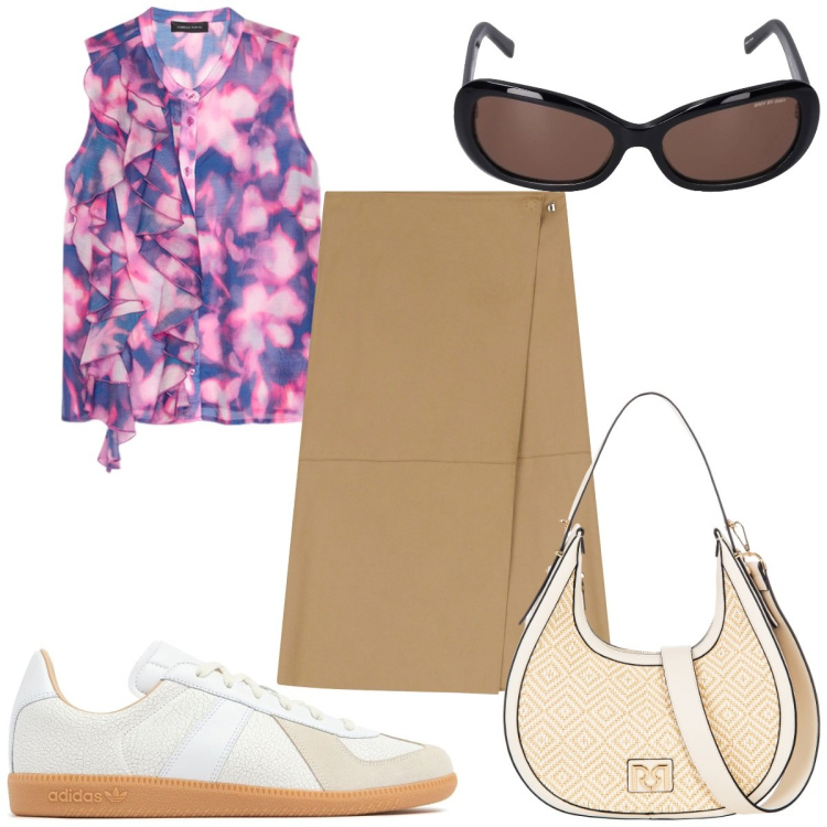 Outfit donna - Total look #2206068. Stile Trendy per Tutti i giorni. Abbinamento con borse a mano, gonne longuette, top, occhiali da sole, sneakers.