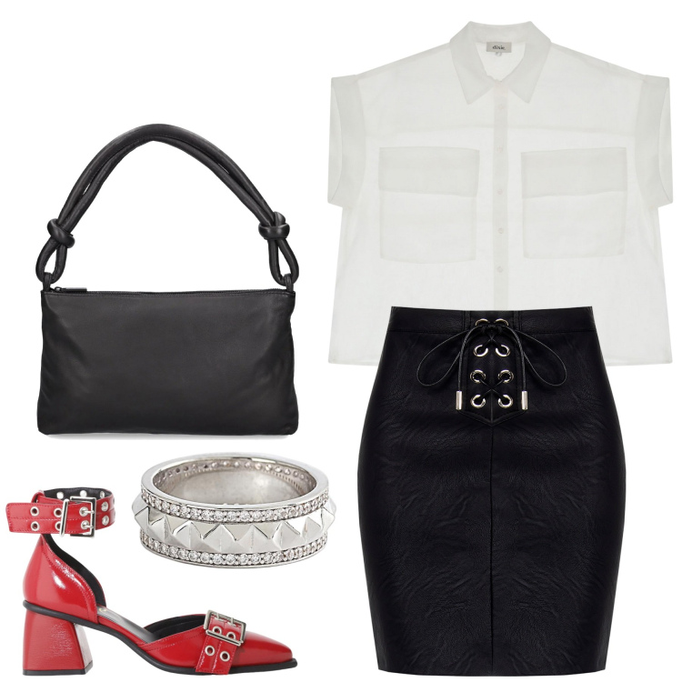 Outfit donna - Formale grintoso. Stile Minimal per Ufficio. Abbinamento con camicie a manica corta, décolleté, anelli, minigonne, borse a spalla.