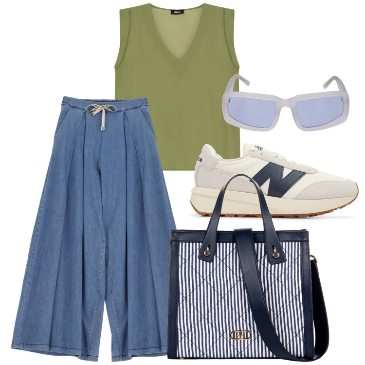 Outfit donna - Due passi al parco. Stile Casual per Tutti i giorni. Abbinamento con shopping bag, sneakers, jeans, top, occhiali da sole.
