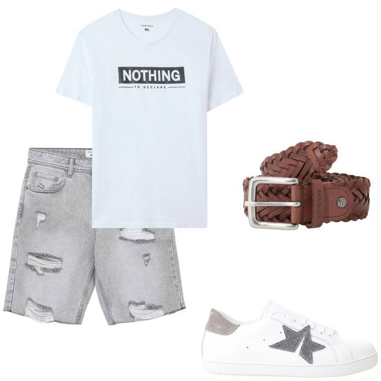 Outfit uomo - La cintura intrecciata. Stile Casual per Tutti i giorni. Abbinamento con pantaloni corti, t-shirt, cinture, sneakers.
