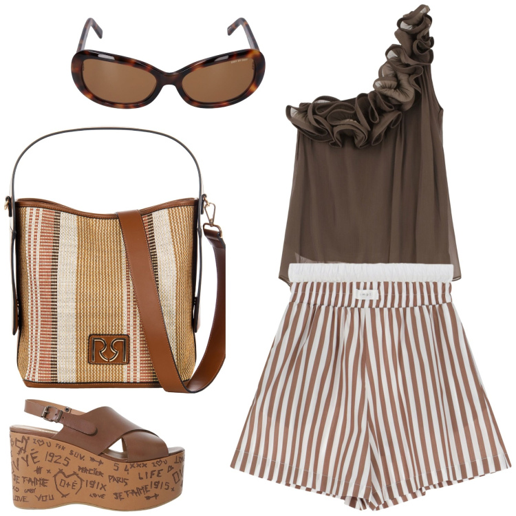 Outfit donna - Estate in città. Stile Glamour per Tutti i giorni. Abbinamento con borse a secchiello, pantaloni corti, zeppe, top, occhiali da sole.