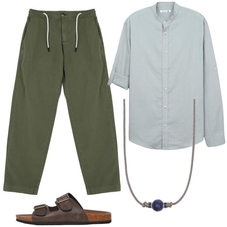 Outfit uomo - Stile etnico. Stile Trendy per Tutti i giorni. Abbinamento con sandali, camicie, collane, pantaloni chino.