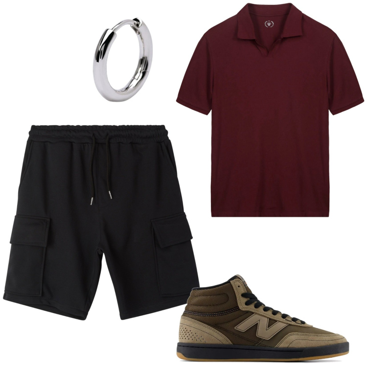 Outfit uomo - Orecchino trendy. Stile Trendy per Tutti i giorni. Abbinamento con bermuda, orecchini, sneakers, polo.