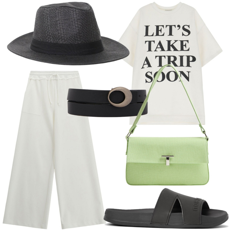 Outfit donna - Accessori in primo piano. Stile Minimal per Tutti i giorni. Abbinamento con borse a spalla, ciabatte, pantaloni, cappelli, vestiti corti, cinture.