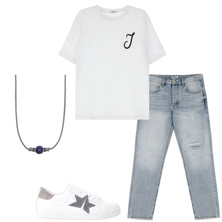 Outfit uomo - Total look #2206083. Stile Casual per Tutti i giorni. Abbinamento con collane, jeans strappati, sneakers, t-shirt.