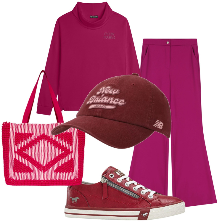 Outfit donna - Color vino in montagna. Stile Casual chic per Tutti i giorni. Abbinamento con sneakers, cappelli con visiera, felpe, pantaloni, borse a mano.