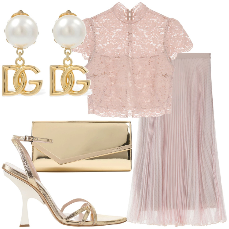 Outfit donna - Cipria oro e perle. Stile Chic per Cerimonia. Abbinamento con top, gonne, sandali col tacco, pochette, orecchini.