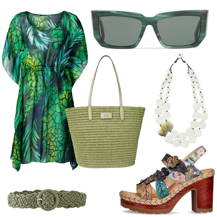 Outfit donna - Total look #2206096. Stile Etnico per Mare. Abbinamento con vestiti da spiaggia, cinture, borse tote, sandali col tacco, ciondoli, occhiali da sole.