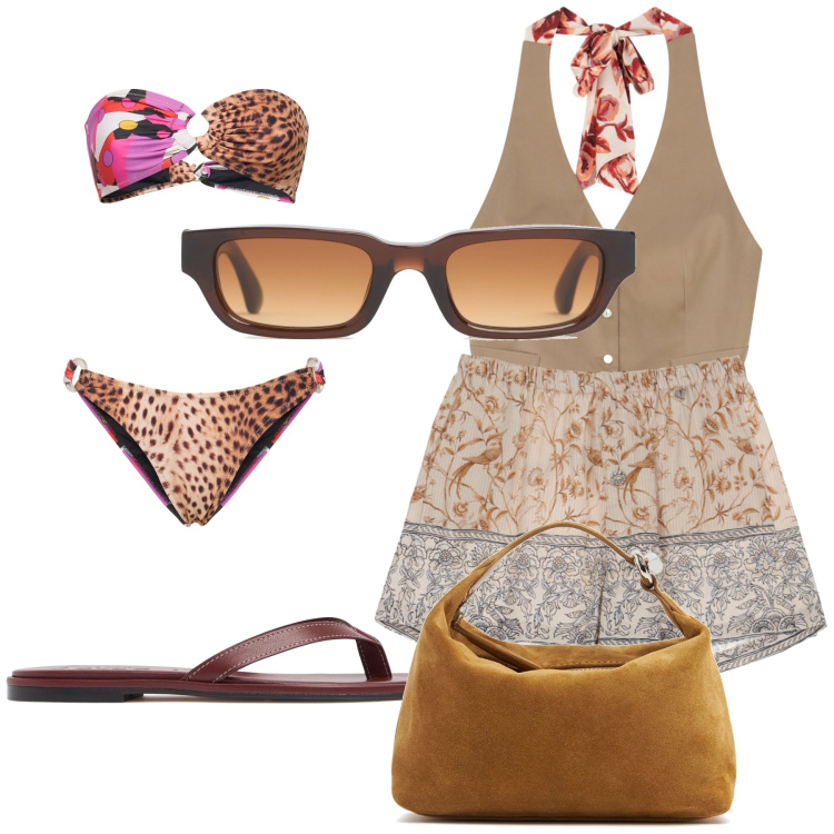 Outfit donna - Il mio bikini preferito. Stile Trendy per Mare. Abbinamento con shorts, top, bikini, occhiali da sole, ciabatte, pochette.