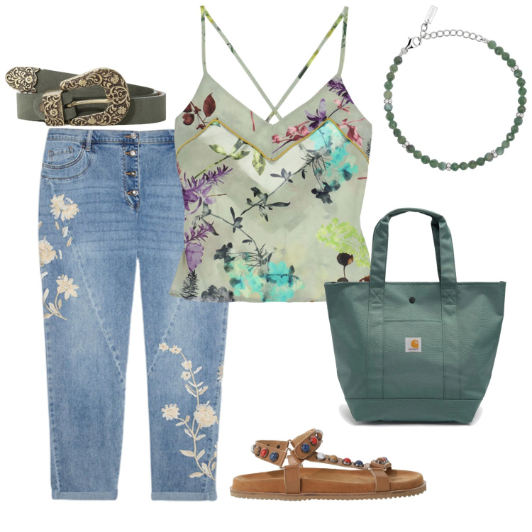 Outfit donna - Floreale. Stile Casual per Tutti i giorni. Abbinamento con braccialetti, sandali, canottiere, cinture, jeans, borse tote.