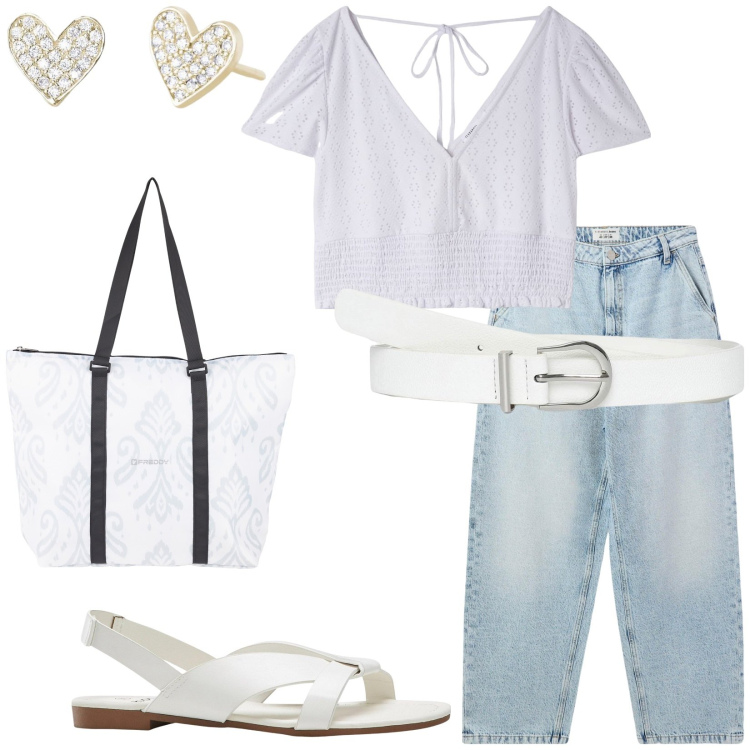 Outfit donna - Total look #2206107. Stile Casual per Tutti i giorni. Abbinamento con sandali, bluse, jeans, cinture, orecchini, shopping bag.