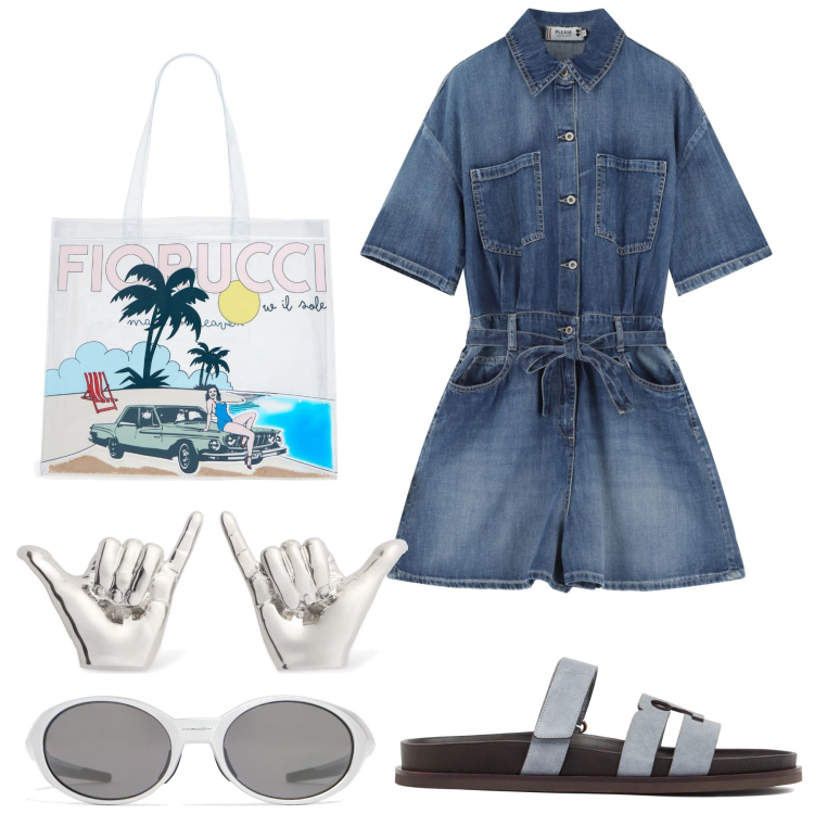 Outfit donna - Denim per le giornate calde. Stile Casual per Tutti i giorni. Abbinamento con tuta corta, orecchini, sandali in pelle, occhiali da sole, borse tote.