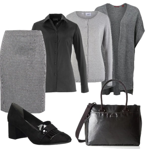 Outfit donna - Professionale low cost. Stile Bon Ton per Ufficio. Abbinamento con camicie, cardigan filato grigio e corda, gonna nero, borsa a mano effetto metallizzato nero, scarpe con tacco nero, mantella melange grigio.