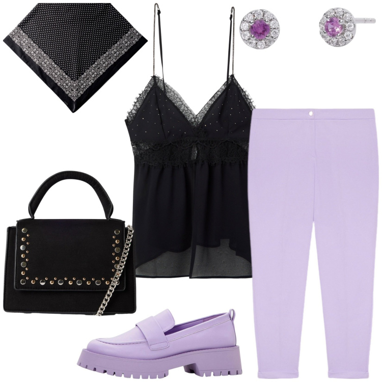 Outfit donna - Total look #2206110. Stile Casual per Tutti i giorni. Abbinamento con mocassini, borse a tracolla, canottiere, orecchini, pantaloni, foulard.