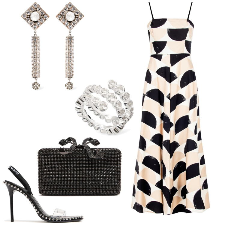 Outfit donna - Evento chic. Stile Glamour per Cerimonia. Abbinamento con vestiti midi/longuette, sandali in pelle, pochette, anelli, orecchini.