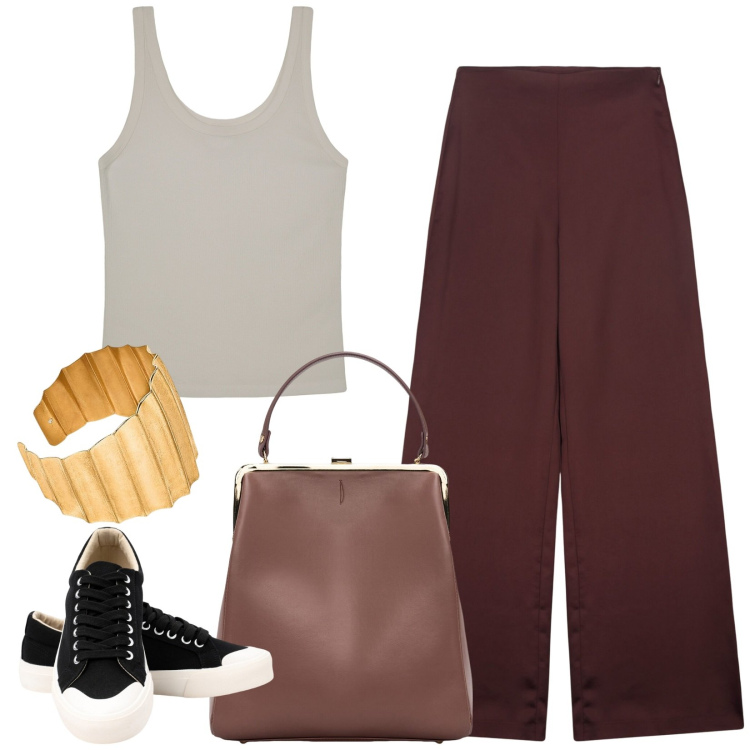 Outfit donna - Doppelganger. Stile Casual per Ufficio. Abbinamento con borse a spalla, canottiere, sneakers, pantaloni a palazzo, braccialetti.