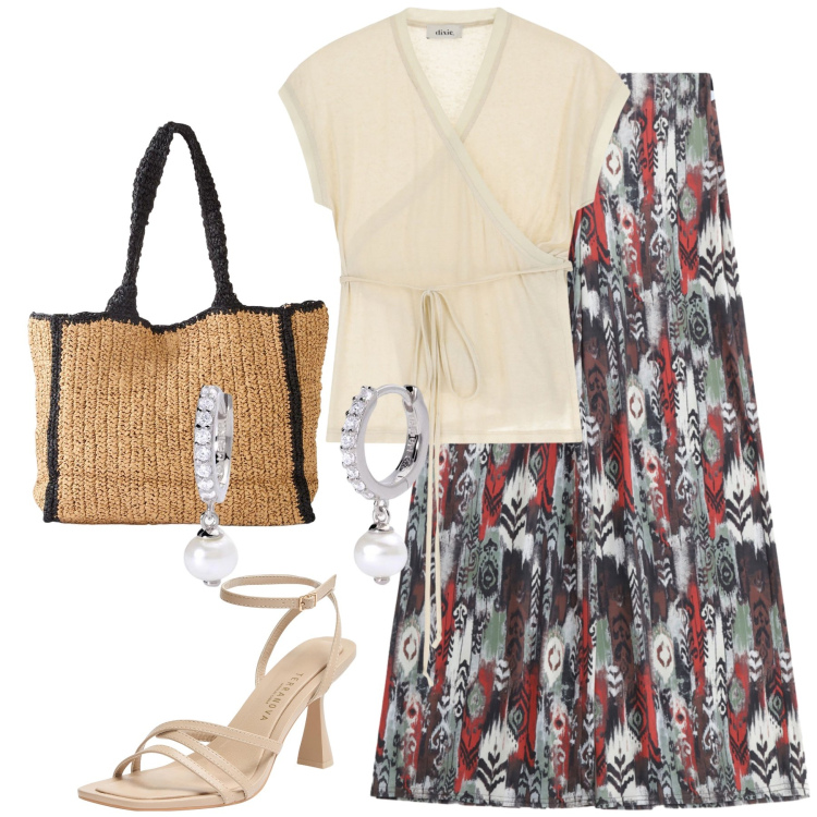 Outfit donna - Total look #2206116. Stile Boho per Tutti i giorni. Abbinamento con shopping bag, sandali col tacco, orecchini, pantaloni, top.