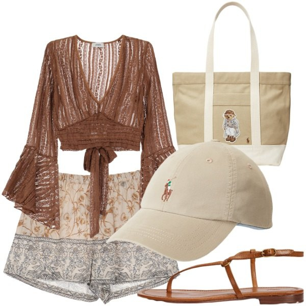 Outfit donna - in vacanza. Stile Casual per Tutti i giorni. Abbinamento con shorts, top, cappelli, sandali in pelle, borse tote.