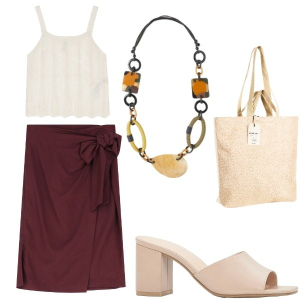 Outfit donna - Le serate di Luglio. Stile Casual per Tutti i giorni. Abbinamento con sandali col tacco, borse tote, top, gonne longuette, collane.
