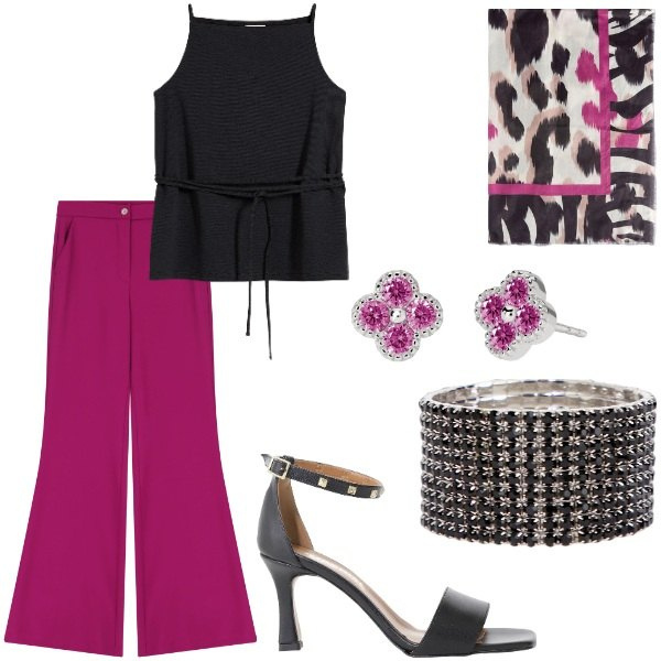 Outfit donna - Compleanno a sopresa. Stile Casual chic per Serata fuori. Abbinamento con top, orecchini, sandali col tacco, pantaloni, braccialetti, foulard.