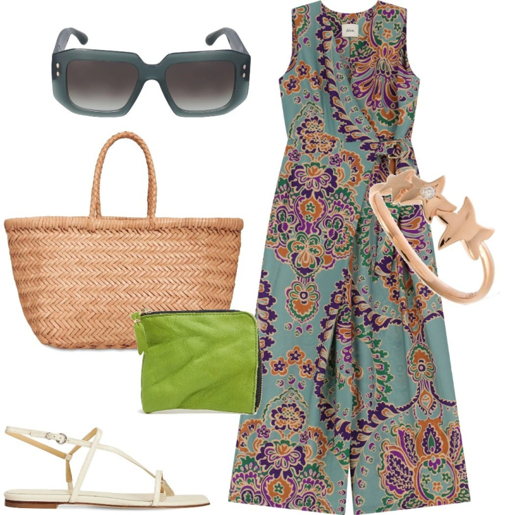 Outfit donna - Shopping in centro. Stile Casual chic per Tutti i giorni. Abbinamento con tute, anelli, occhiali da sole, sandali in pelle, portafogli, shopping bag.