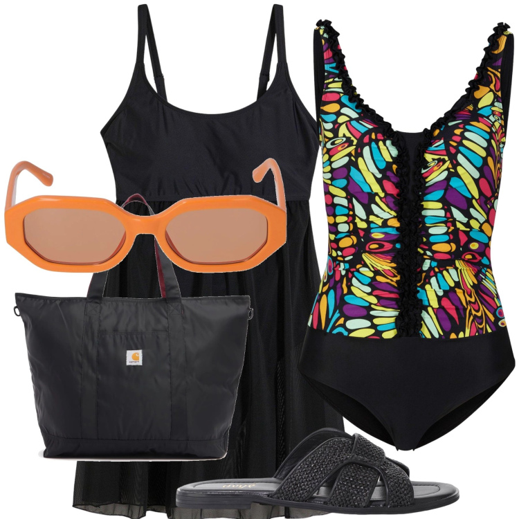Outfit donna - Total look #2206132. Stile Boho per Tutti i giorni. Abbinamento con costumi interi, vestiti da spiaggia, sandali, shopping bag, occhiali da sole.