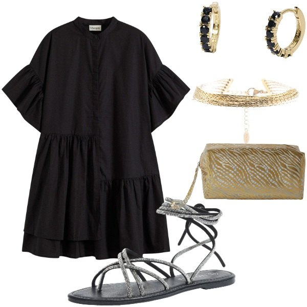 Outfit donna - Serata tra amici. Stile Casual chic per Serata fuori. Abbinamento con vestiti, sandali alla schiava, pochette, orecchini, braccialetti.
