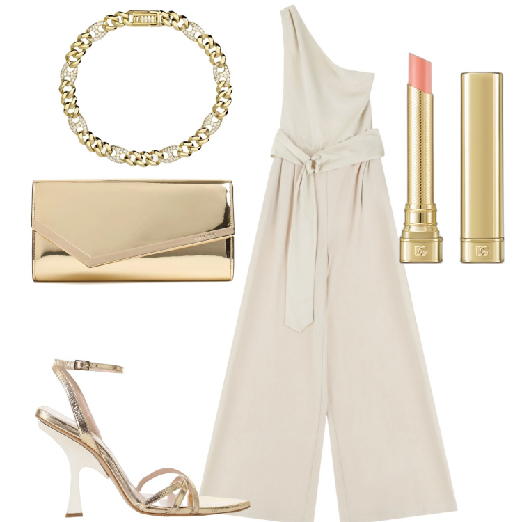 Outfit donna - La jumpsuit elegante. Stile Chic per Serata fuori. Abbinamento con rossetti, braccialetti, tute, sandali col tacco, pochette.