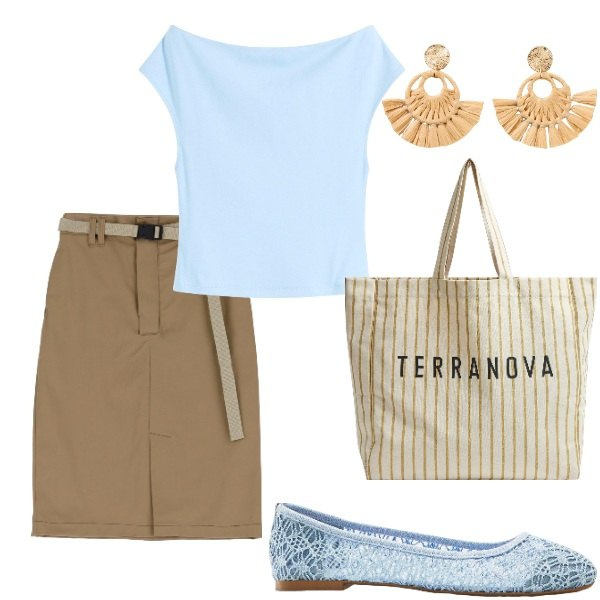 Outfit donna - Outifit di luglio. Stile Casual per Tutti i giorni. Abbinamento con ballerine, orecchini, maglieria, borse tote, gonne.