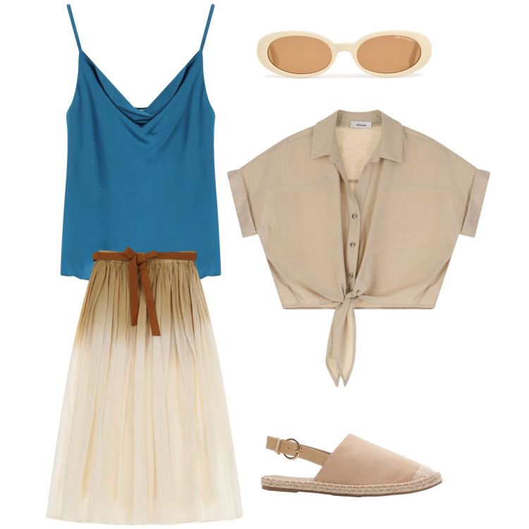 Outfit donna - Eleganza mediterranea. Stile Sporty chic per Serata fuori. Abbinamento con espadrillas, gonne lunghe, camicie a manica corta, top, occhiali da sole.