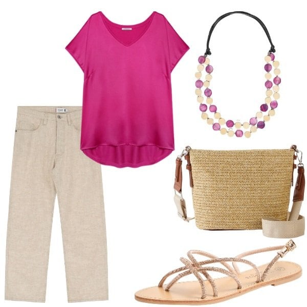 Outfit donna - Outifit di luglio. Stile Casual per Tutti i giorni. Abbinamento con borse a tracolla, sandali, pantaloni, t-shirt, collane.