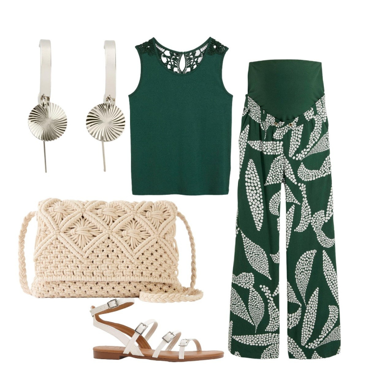 Outfit donna - Cerimonia. Stile Chic per Cerimonia. Abbinamento con top, pantaloni, borse a tracolla, sandali, orecchini.