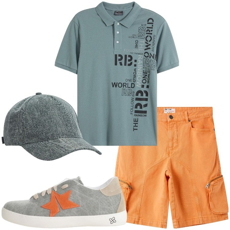 Outfit uomo - Maxi polo estiva. Stile Casual per Tutti i giorni. Abbinamento con polo, cappelli, pantaloni corti, sneakers.