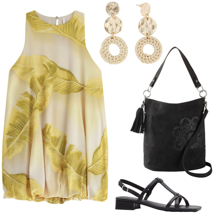 Outfit donna - Total look #2206161. Stile Casual chic per Tutti i giorni. Abbinamento con orecchini, borse a mano, sandali col tacco, vestiti corti.