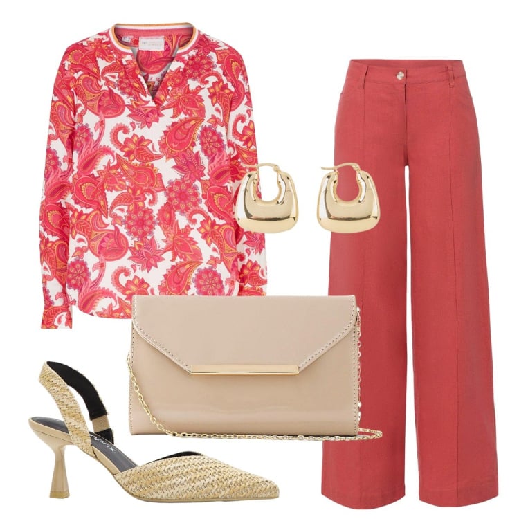 Outfit donna - Il color corallo in saldo. Stile Bon Ton per Serata fuori. Abbinamento con tuniche, pantaloni a palazzo, décolleté, orecchini, pochette.
