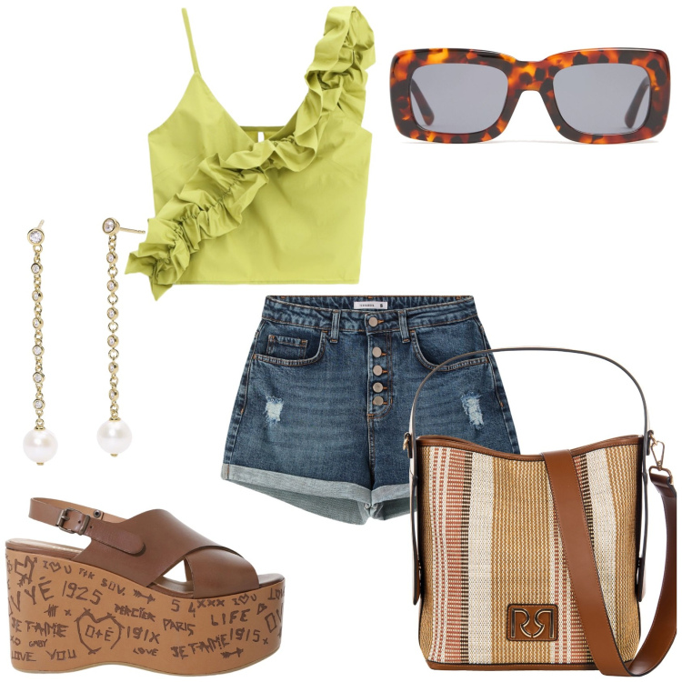 Outfit donna - Estate calda. Stile Casual per Tutti i giorni. Abbinamento con top, zeppe, shorts, orecchini, borse a secchiello, occhiali da sole.