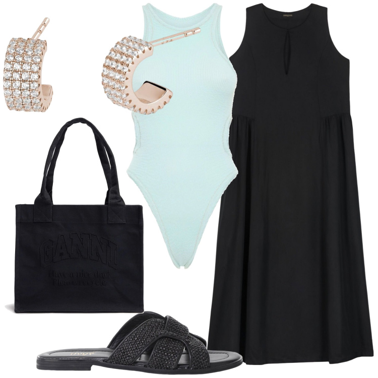 Outfit donna - Un turchese mare sul nero. Stile Bon Ton per Mare. Abbinamento con orecchini, sandali, vestiti lunghi, shopping bag, costumi interi.