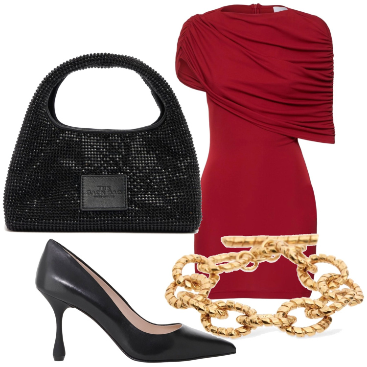 Outfit donna - Tubino rosso. Stile Chic per Serata fuori. Abbinamento con décolleté, braccialetti, borse a mano, vestiti.